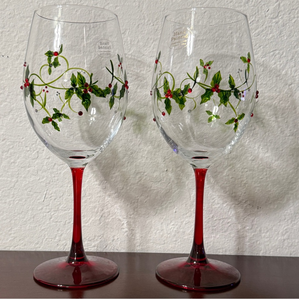 Hand Painted Crystal Wine Glasses Holly with Red Jewel Design. Set of Two. NWOT.